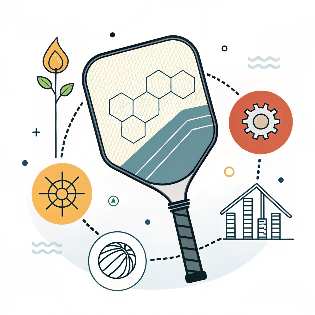 Minimalist 2D illustration of a high-tech pickleball paddle with abstract production elements.