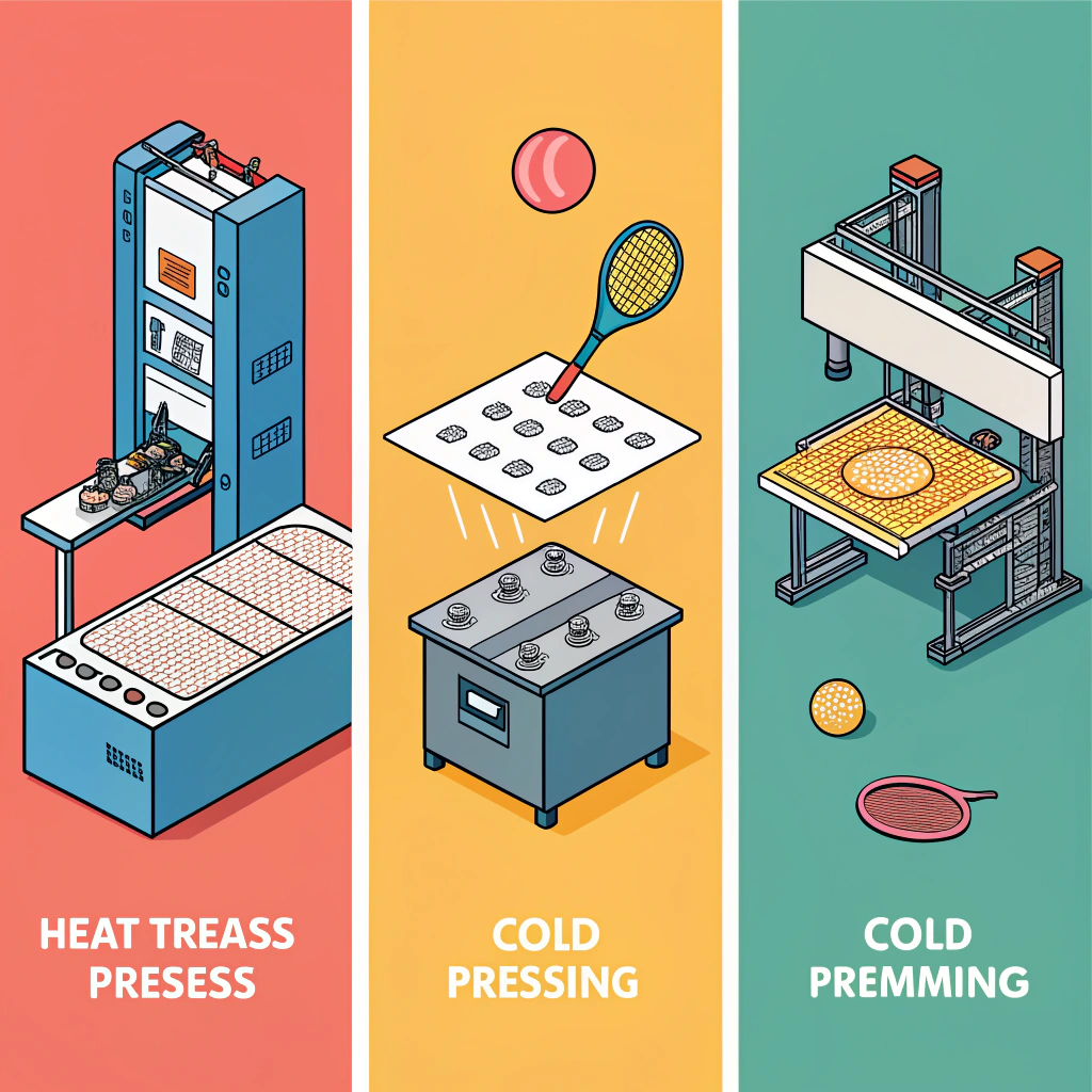 Minimalist 2D artwork showing three distinct pickleball production methods in flat panels