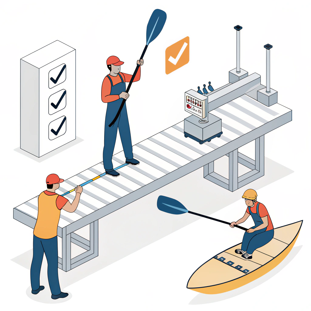 Minimalist drawing of quality testing and ergonomic evaluation in paddle production