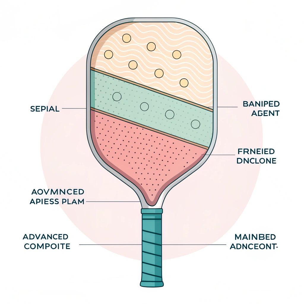 2D minimal illustration of multi-layer pickleball paddle cross-section with advanced bonding details