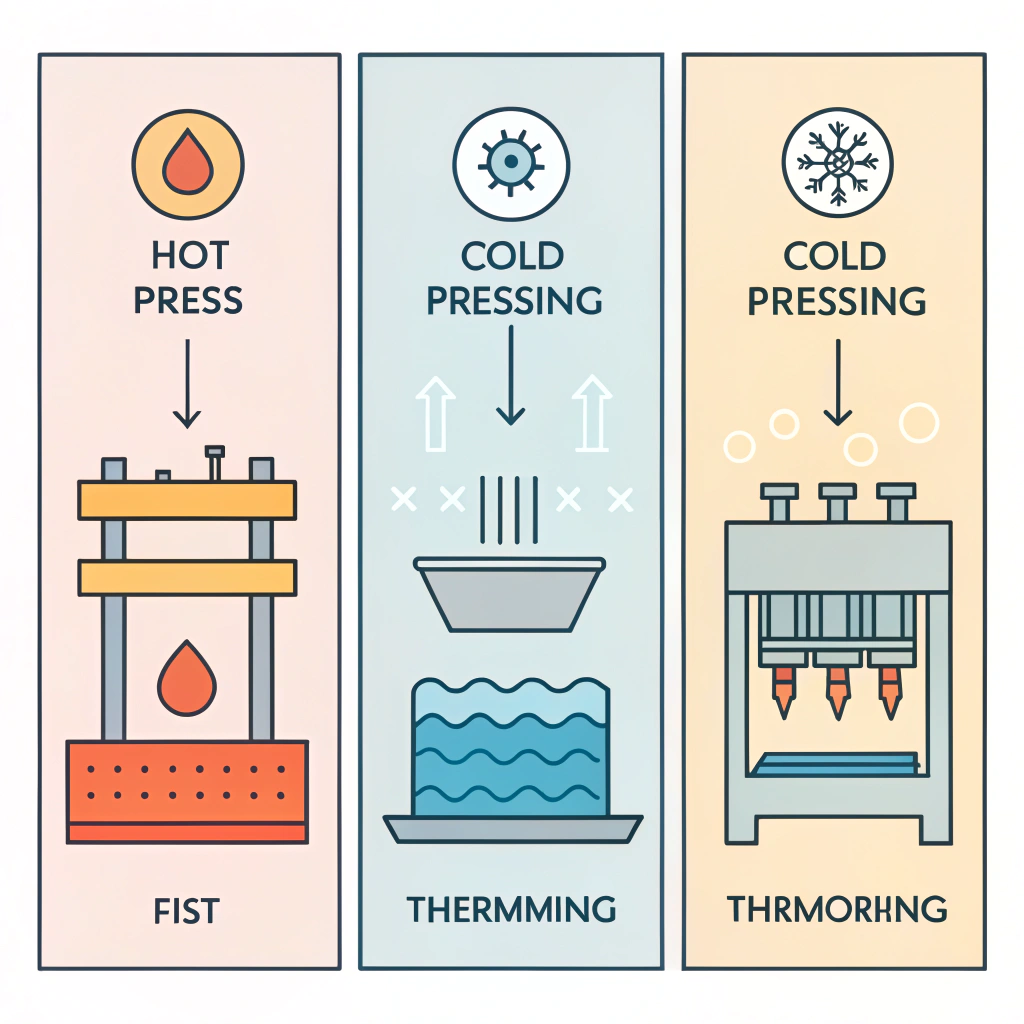 Minimalistic 2D illustration of hot pressing, cold pressing, and thermoforming processes