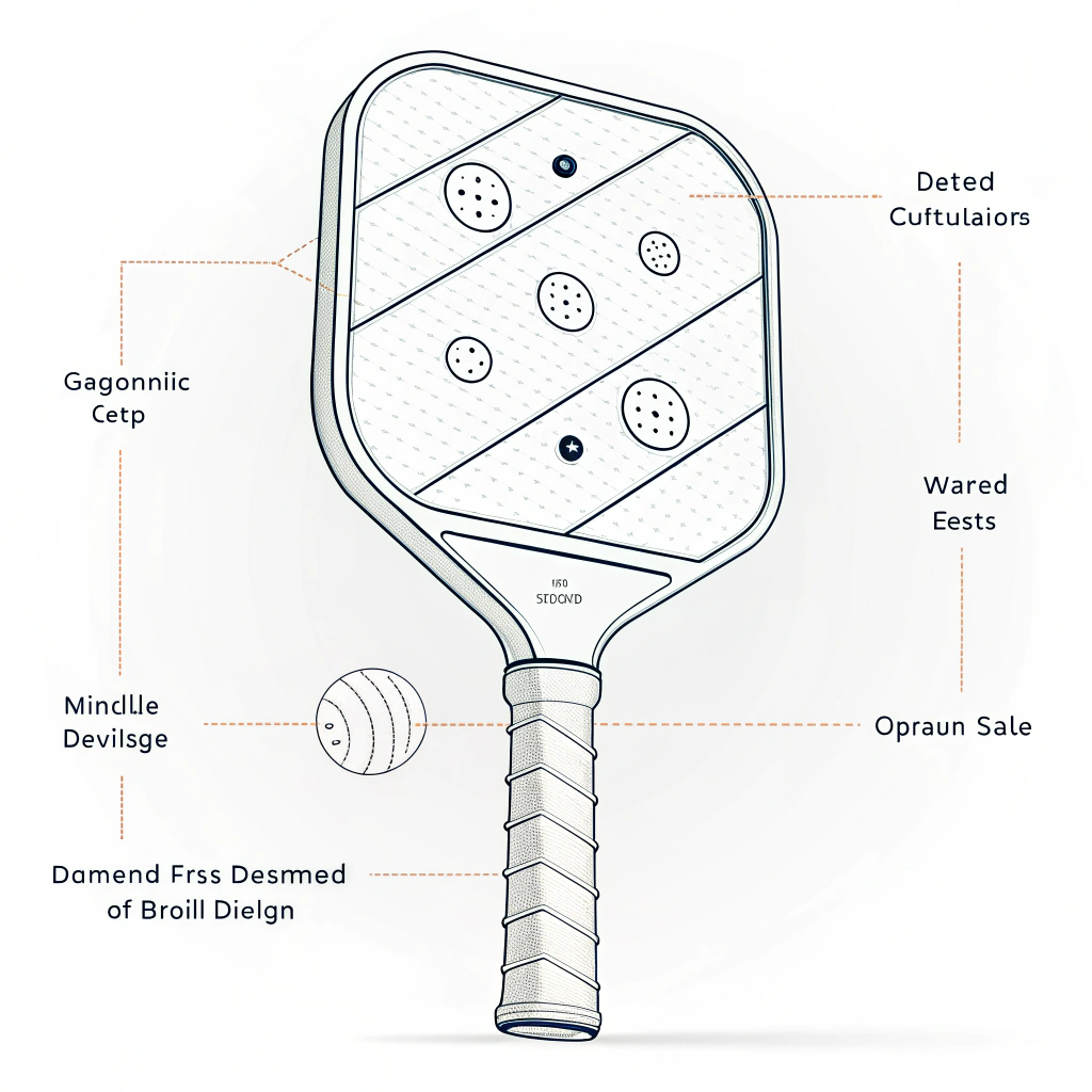 Minimalistic vector illustration of a pickleball paddle with ergonomic adjustable features.