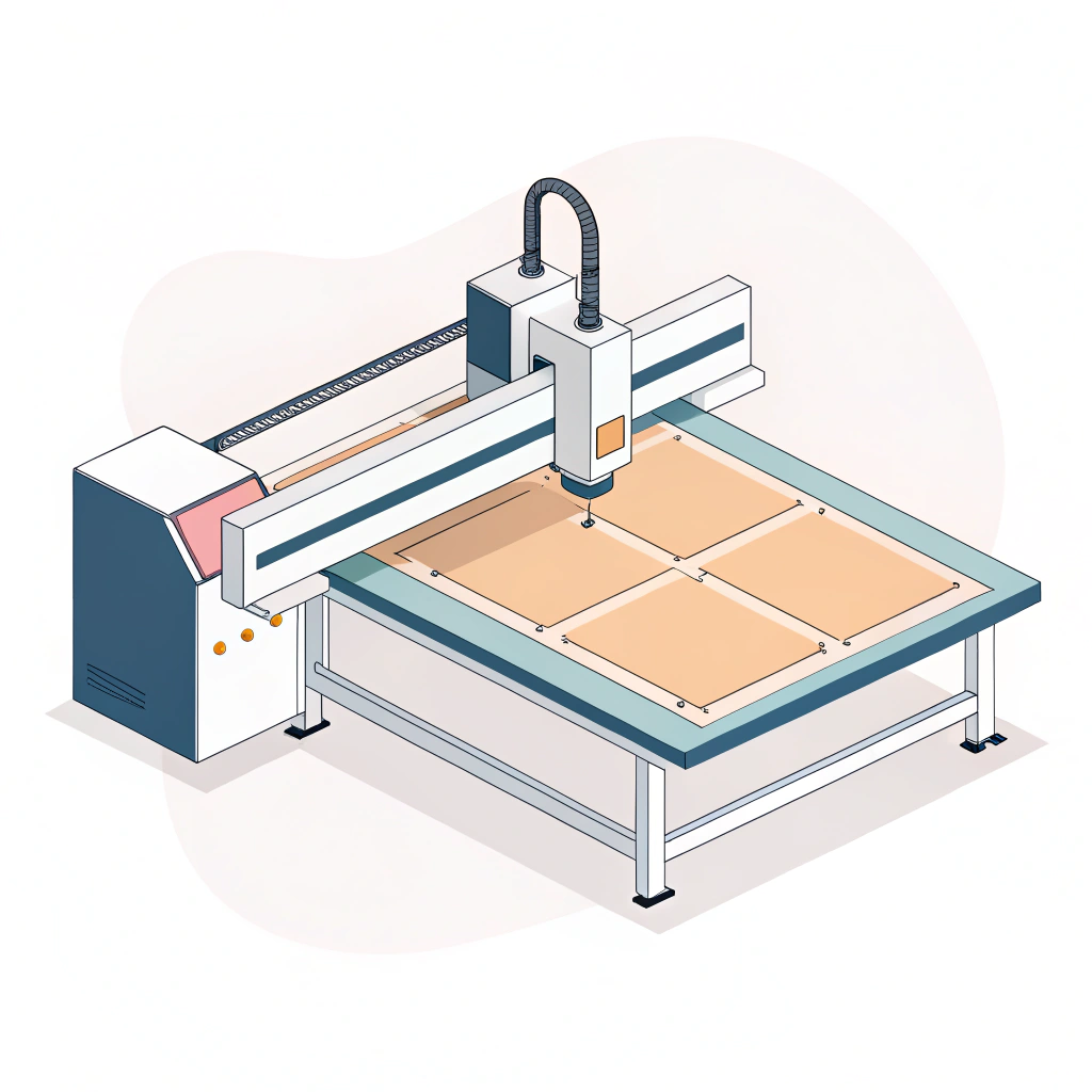 Minimal 2D illustration of a CNC machine cutting composite materials for sports equipment