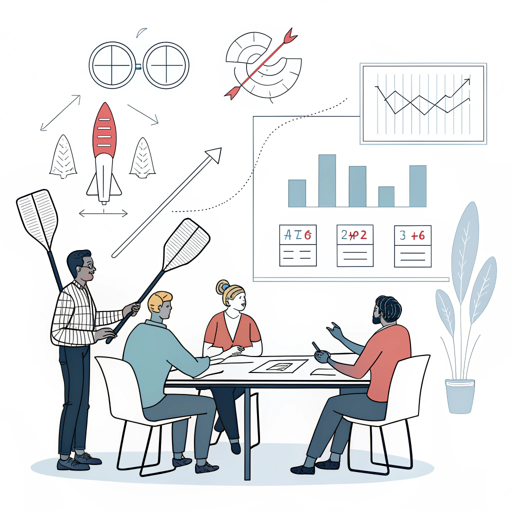 Minimalist 2D illustration of professionals planning custom paddle manufacturing strategy