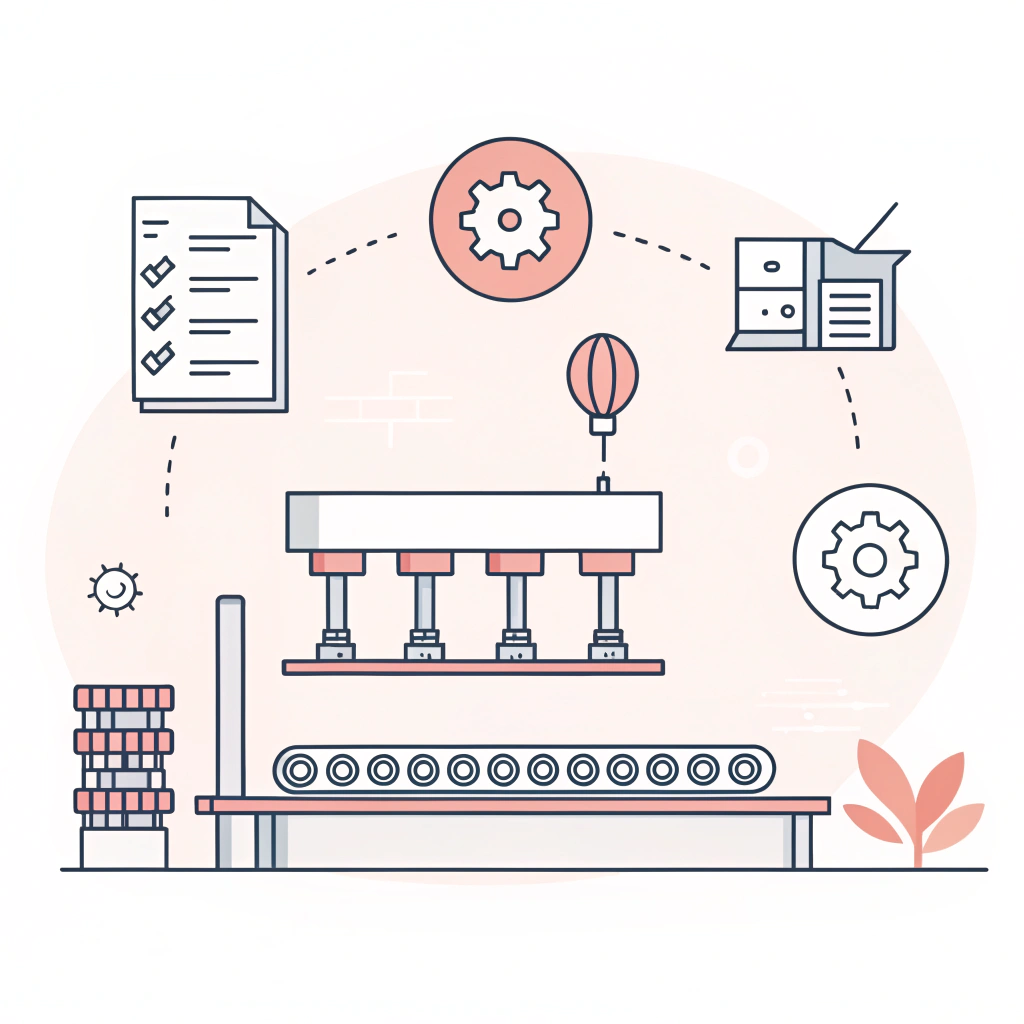 Flat design depiction of manufacturing processes and paddle quality control using minimalist icons