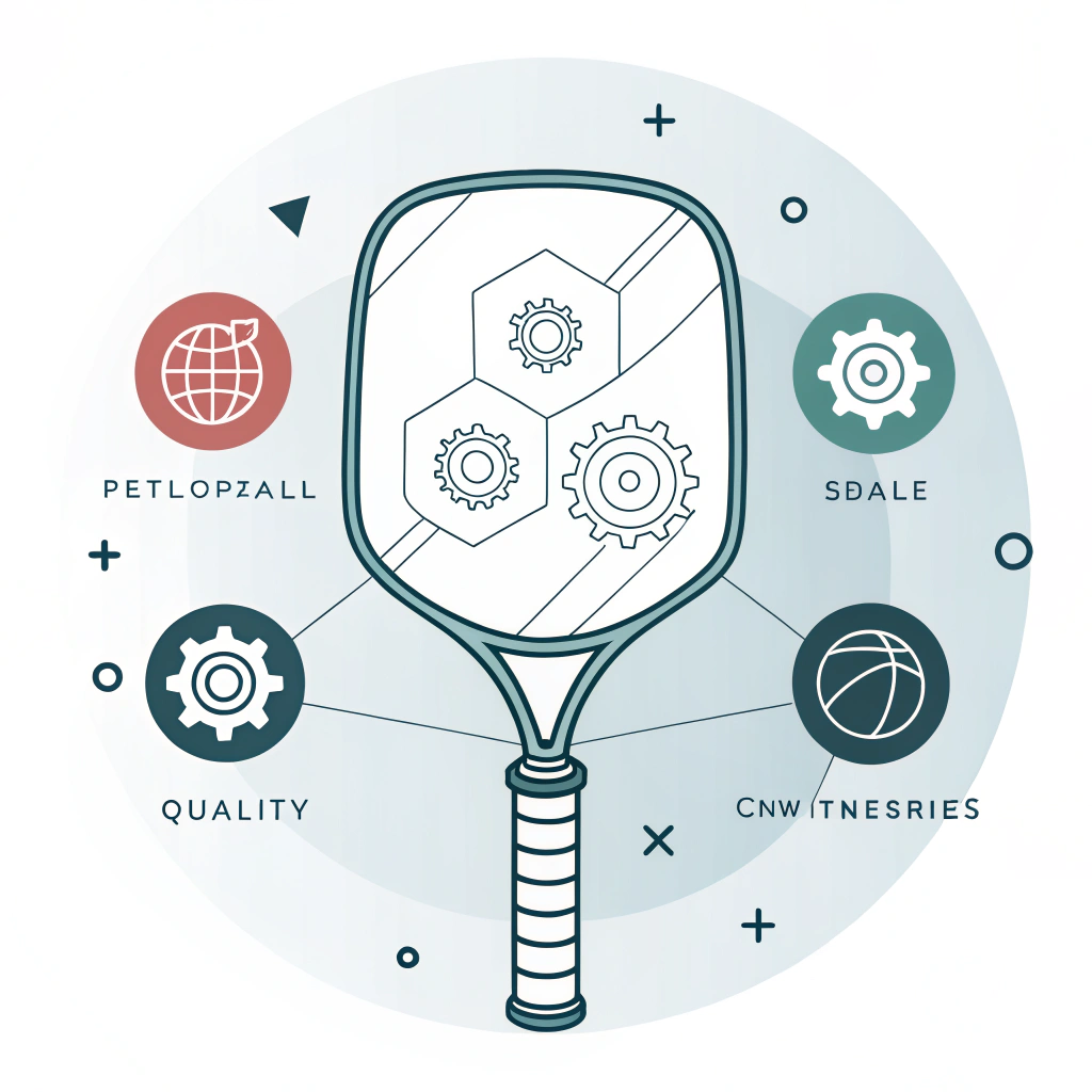 Minimal 2D illustration of a pickleball paddle with abstract quality and engineering elements in a clean style.