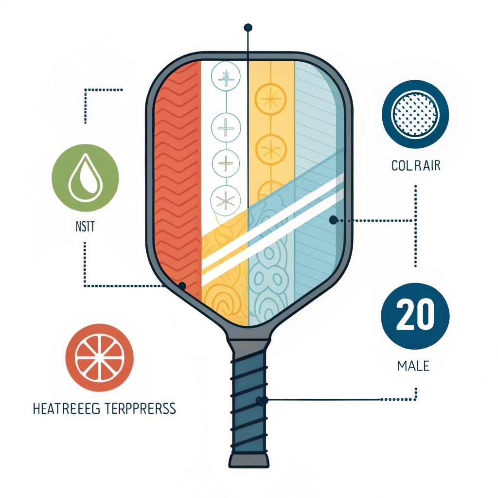 A clean minimalist illustration of a layered pickleball paddle with Kevlar reinforcement showcasing advanced manufacturing processes and material innovation