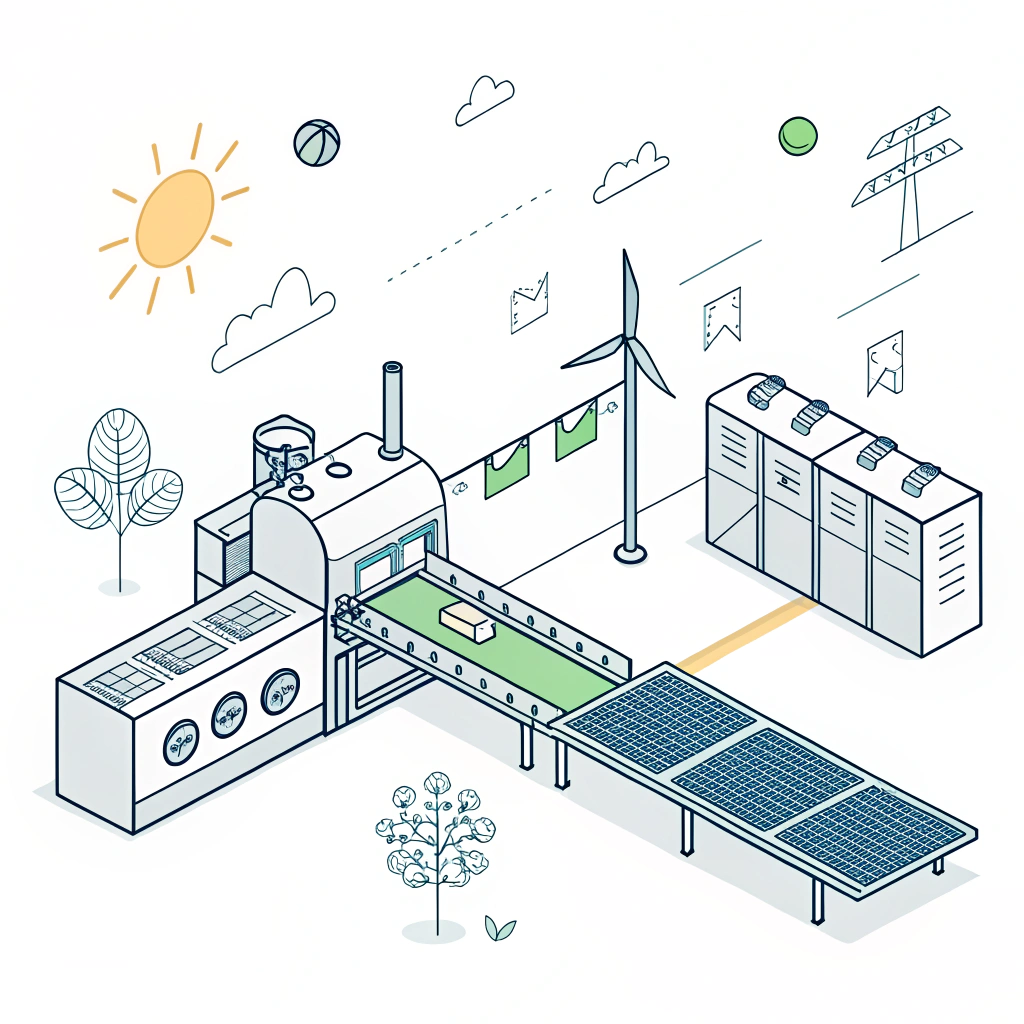 "Minimal 2D illustration of sustainable pickleball paddle manufacturing with renewable energy elements."