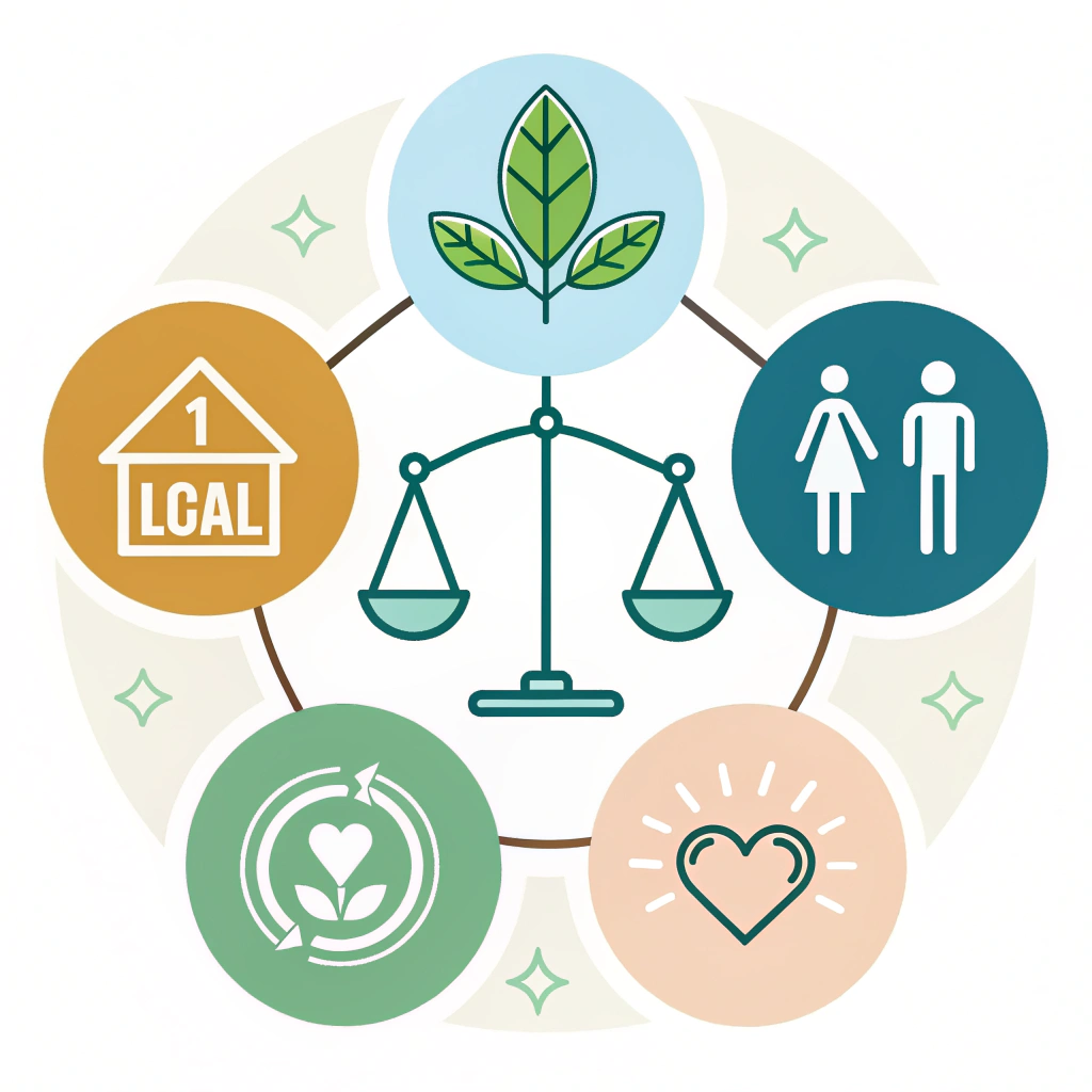 Clean, flat design of interconnected icons representing environmental, social, and governance practices.