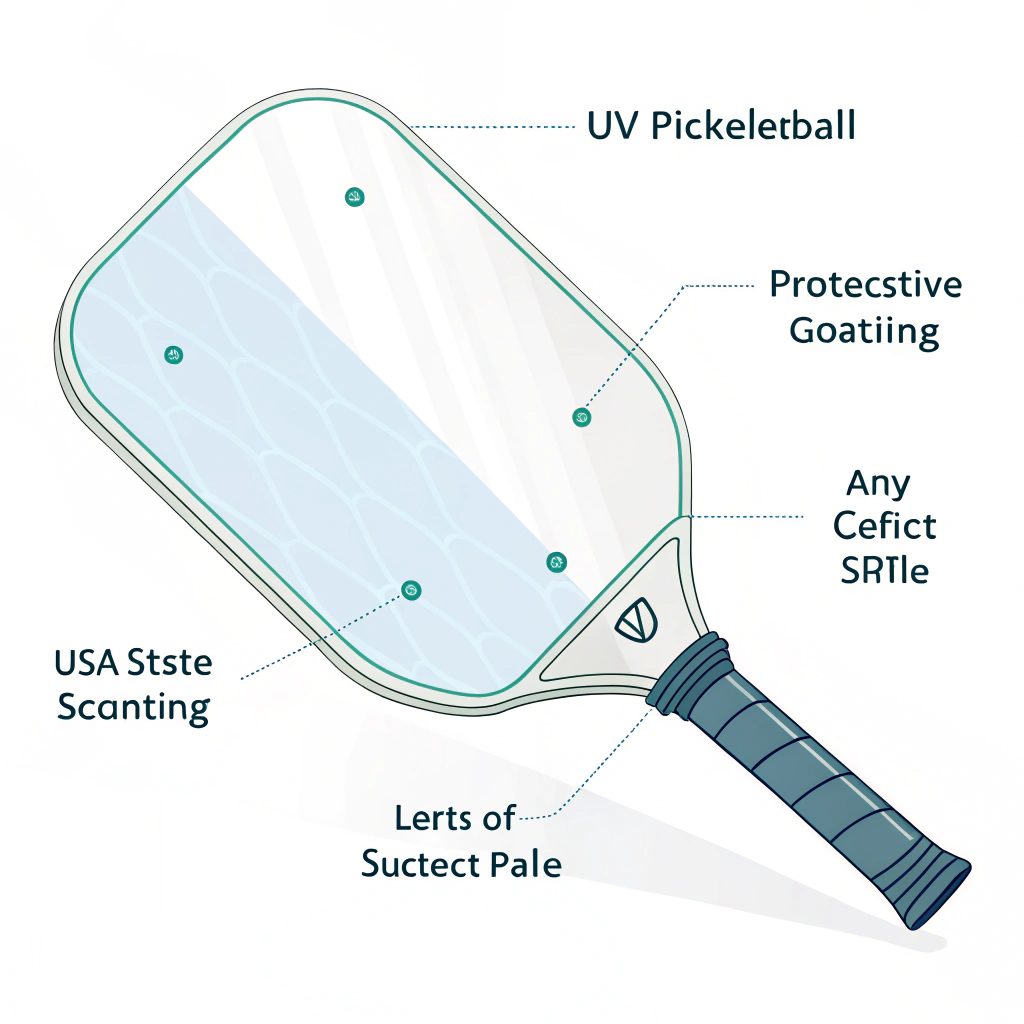 2D minimalist illustration showing a pickleball paddle with a UV protective shield and bouncing UV rays.