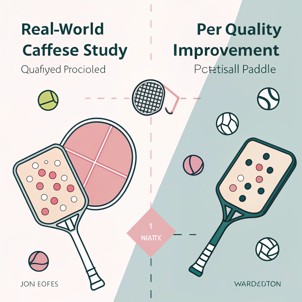 Minimalistic 2D illustration depicting before and after quality improvement in pickleball paddle manufacturing.