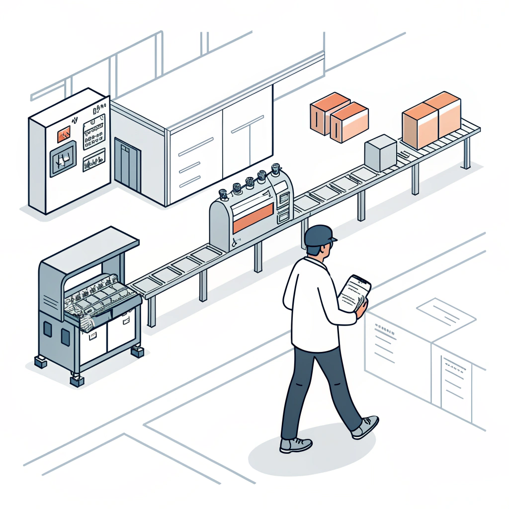 Simplified illustration of an auditor inspecting a modern manufacturing facility.