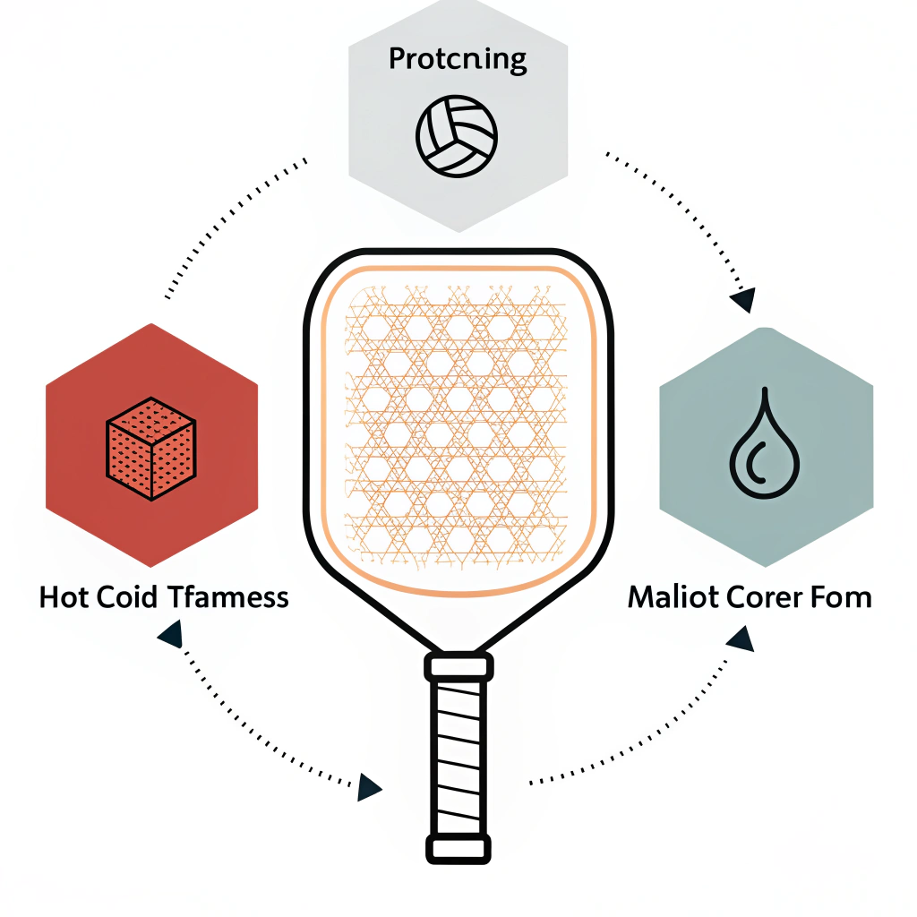 2D minimalist illustration depicting pickleball paddle manufacturing processes with abstract symbols