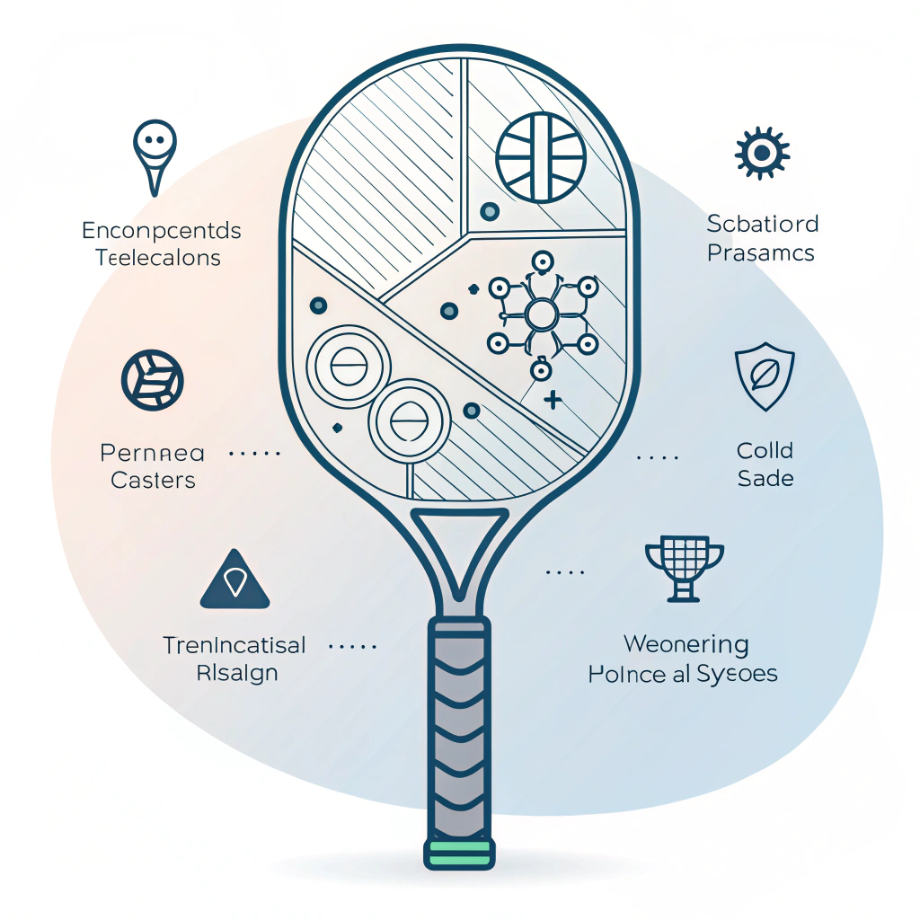 Minimal 2D illustration of a futuristic, ergonomic pickleball paddle handle with abstract process icons.