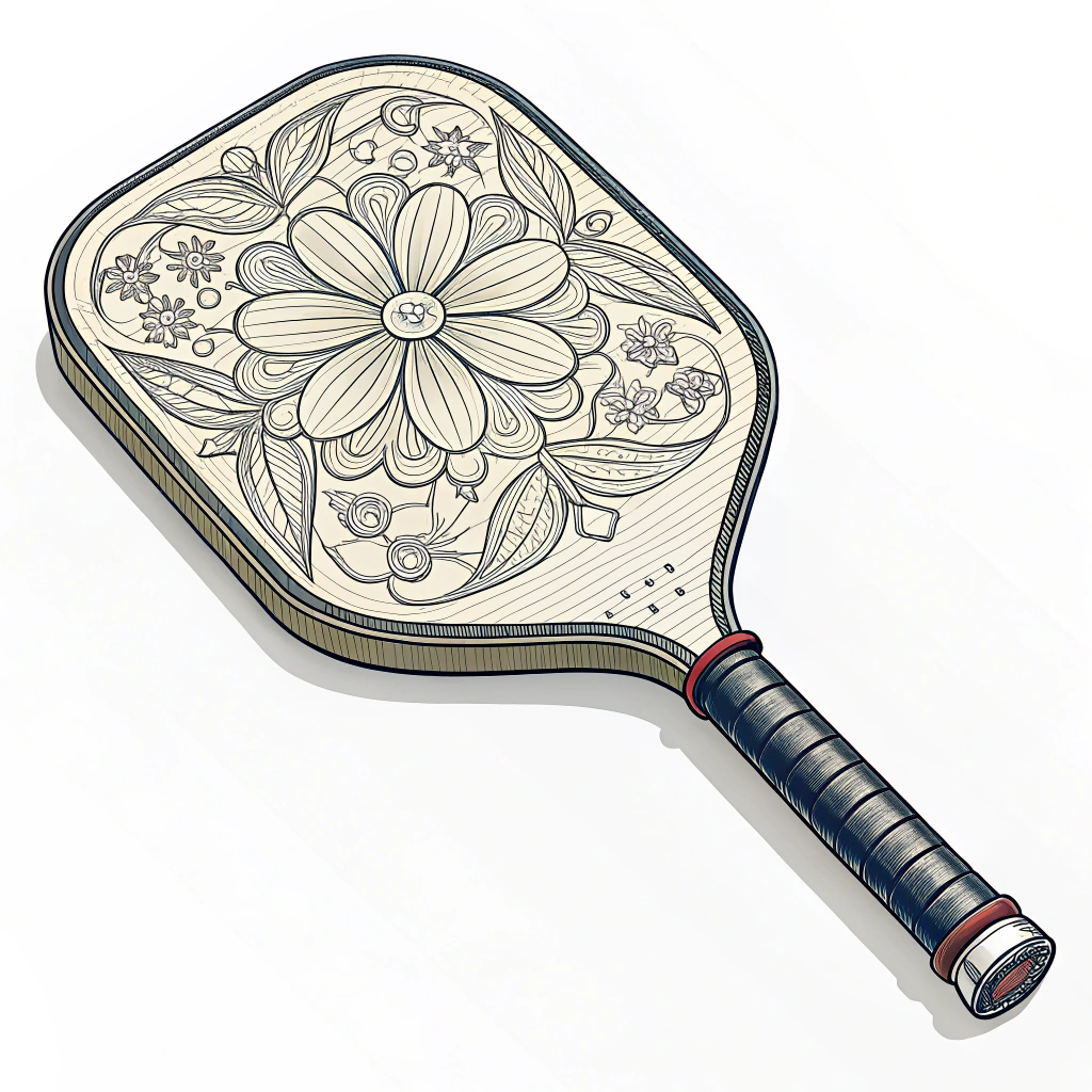 A clean, modern 2D illustration of a pickleball paddle with detailed laser engraving in a minimal style.