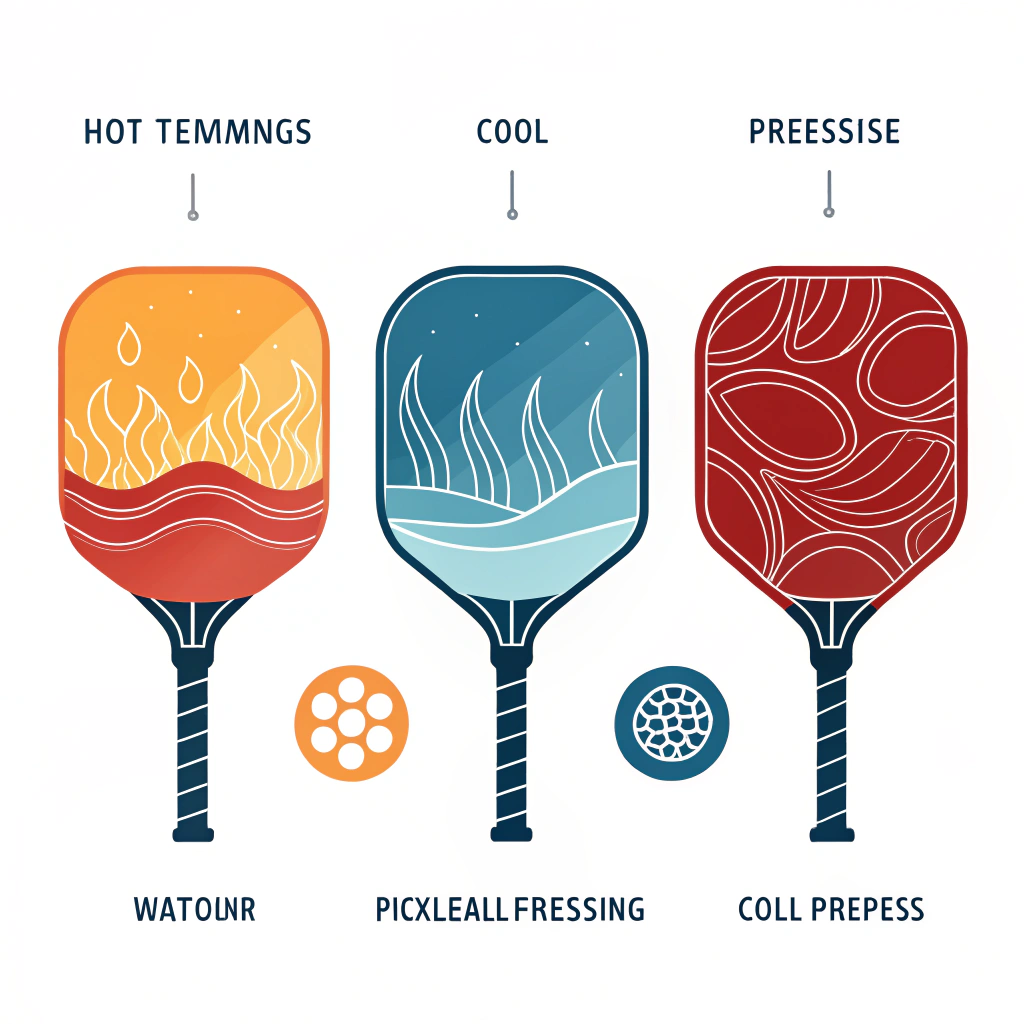 Minimal 2D abstract illustration of manufacturing processes for pickleball paddles.