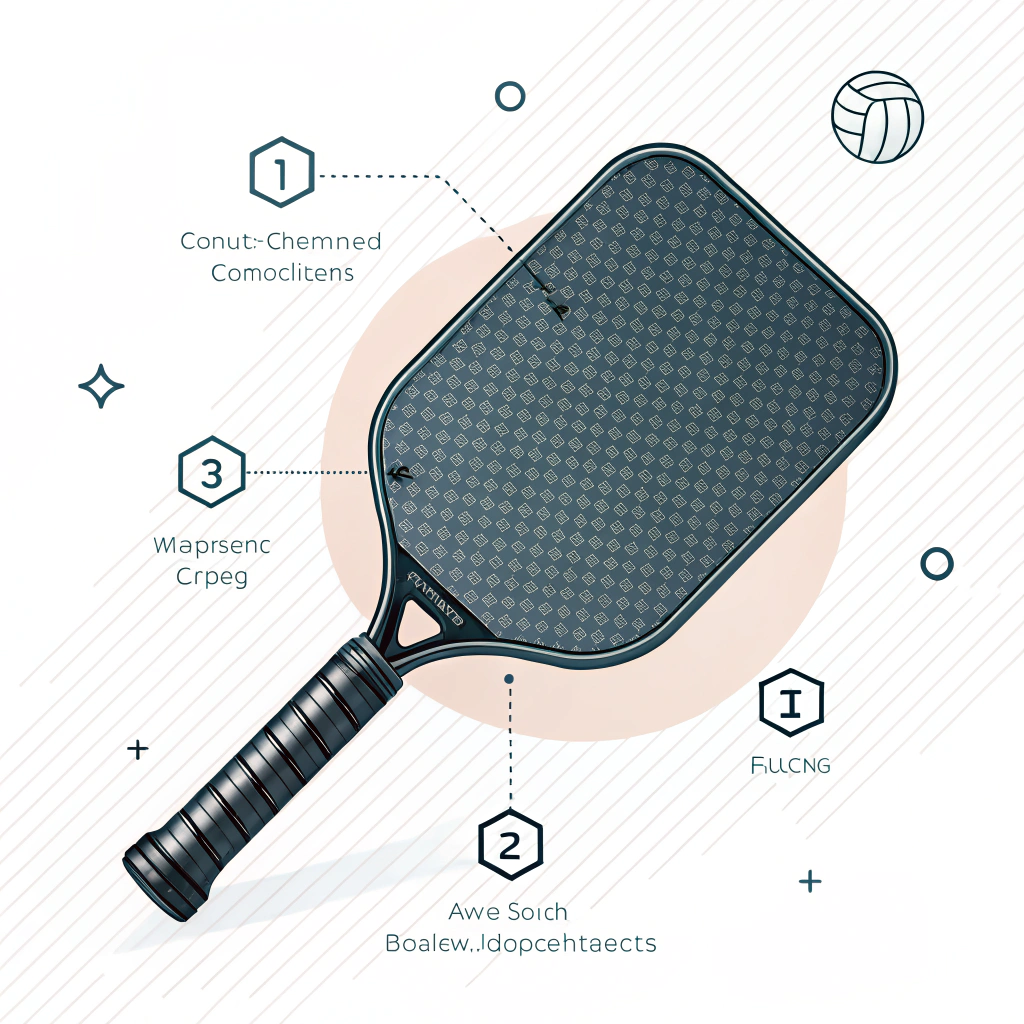 Minimalist 2D illustration showcasing a sleek carbon fiber paddle with abstract production elements