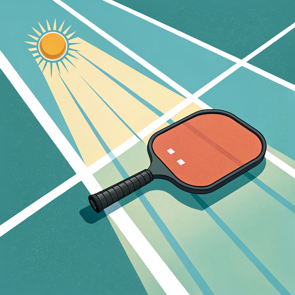 Minimalist illustration of a pickleball paddle under UV sunlight showing material degradation effects.