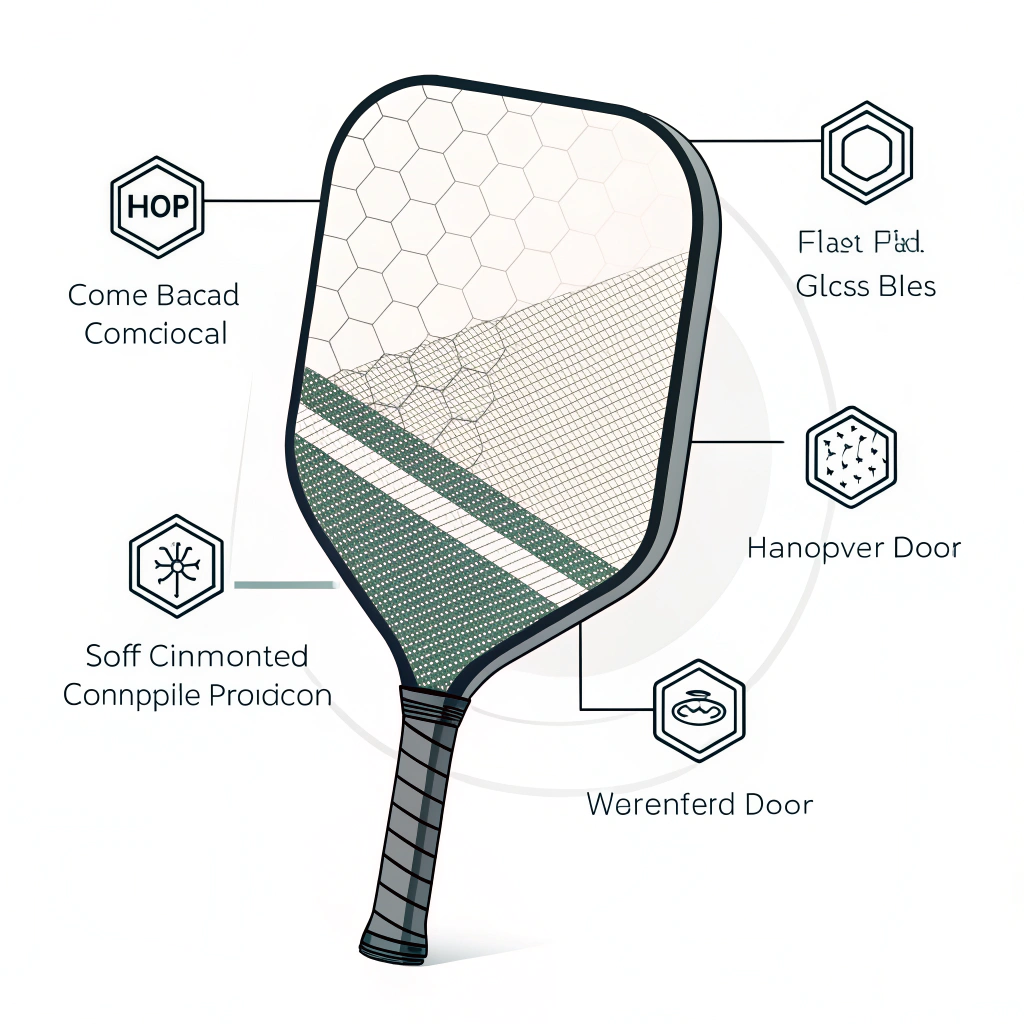 Minimalist, modern illustration of a high-tech pickleball paddle with dynamic spin effects.