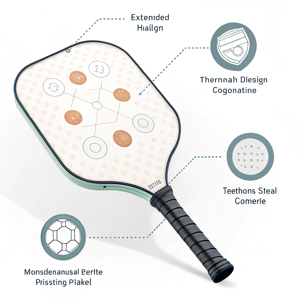 2D minimalist illustration featuring an ergonomic pickleball paddle handle with abstract manufacturing elements.
