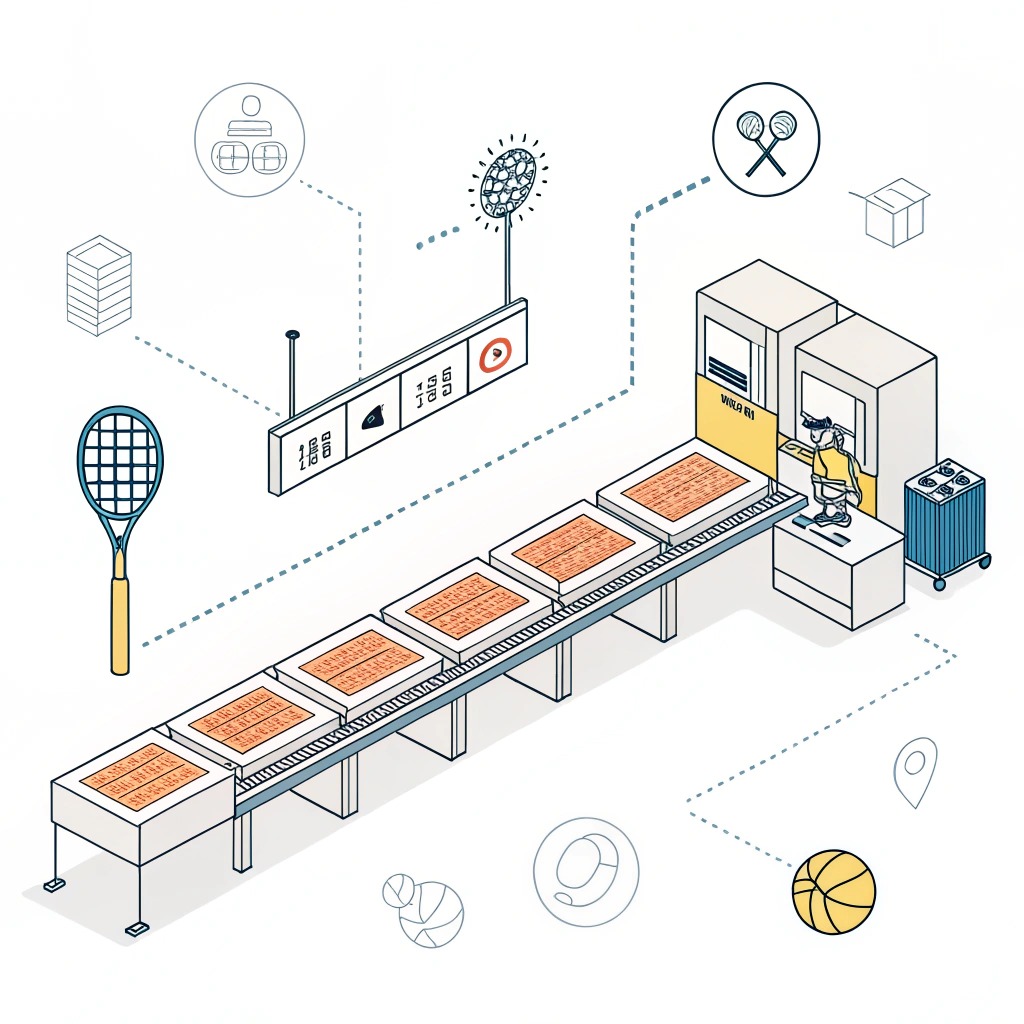 A minimal flat 2D illustration of a pickleball paddle production line highlighting uniform color quality processes.