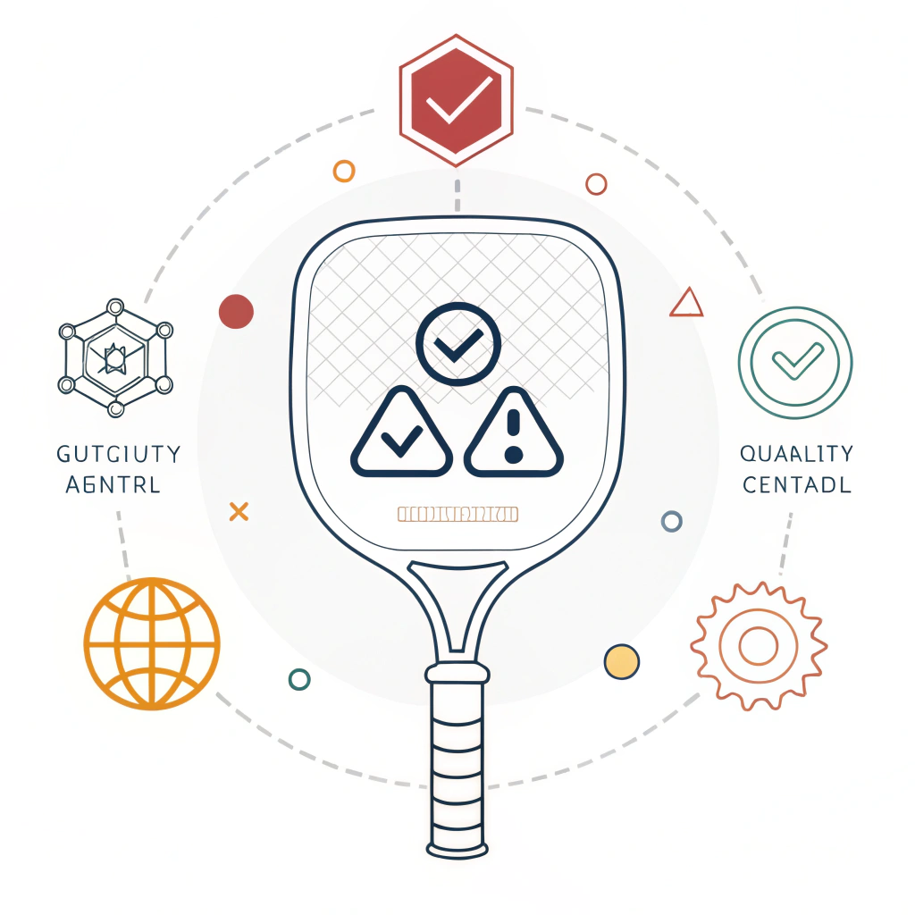 Minimalist 2D art showcasing abstract paddle, regulatory icons, and quality control symbols.
