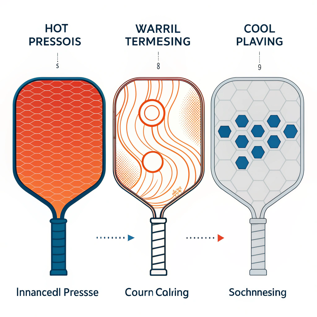 Minimal 2D illustration showing three abstract paddle manufacturing techniques with dynamic heat, cool precision, and flowing molds.