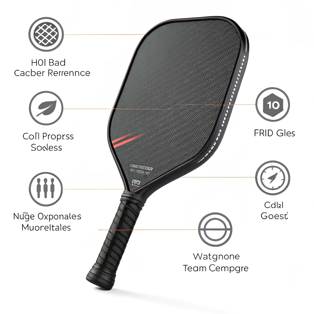 Minimal modern 2D illustration of a high-performance pickleball paddle with abstract production process icons.
