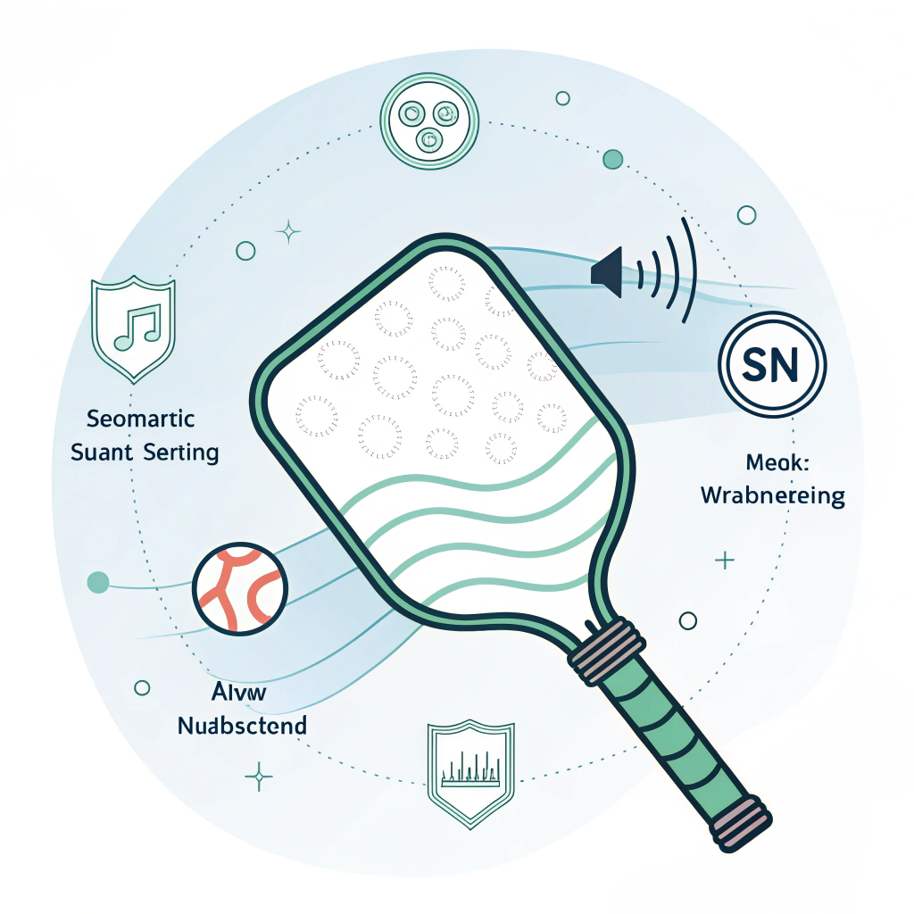 Minimalist illustration of a pickleball paddle with sound waves and sensor icons representing acoustic testing.