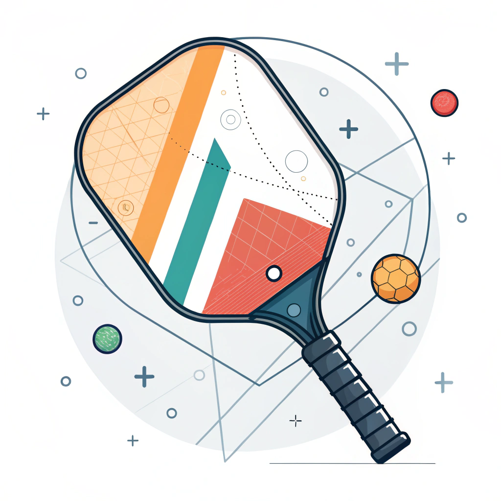 Minimal 2D illustration showing an ergonomic pickleball paddle with abstract manufacturing cues.