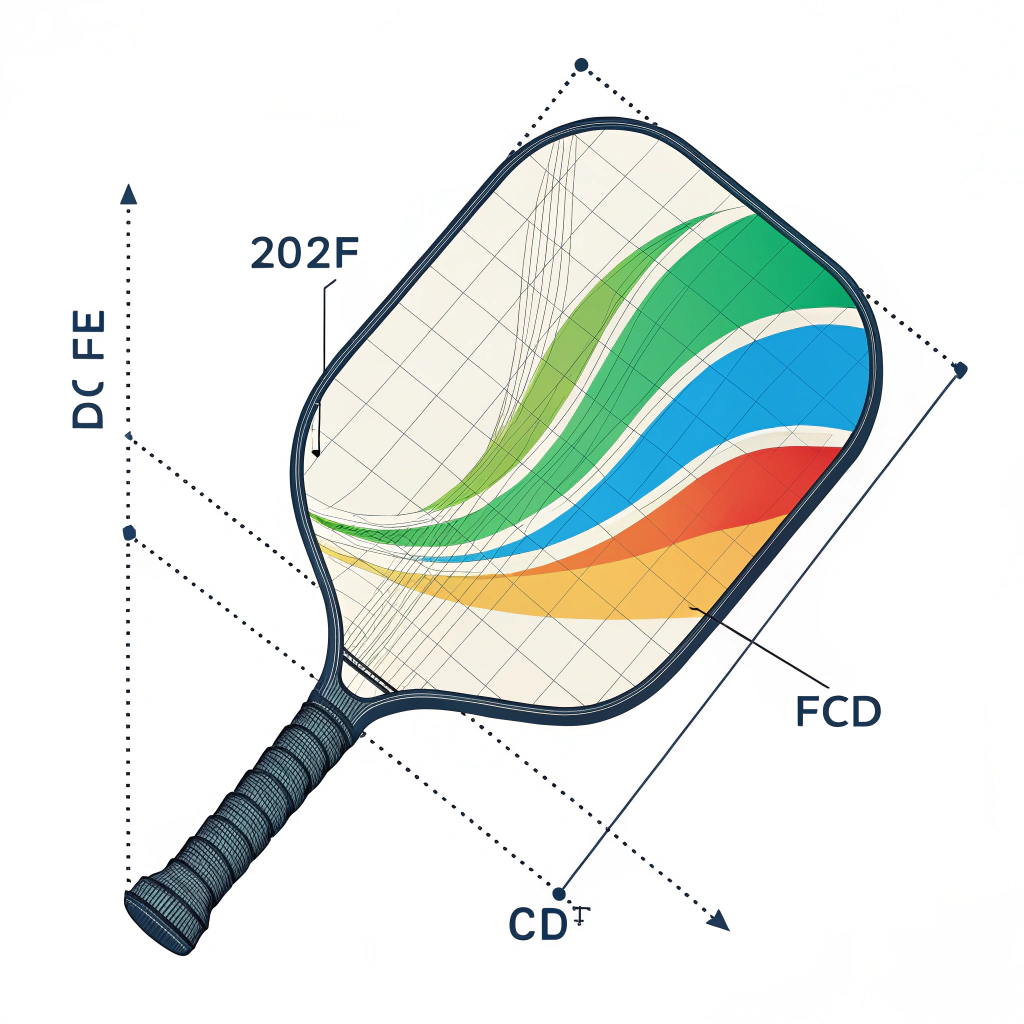 Minimalistic illustration showing a pickleball paddle with overlaid CFD airflow simulation details.