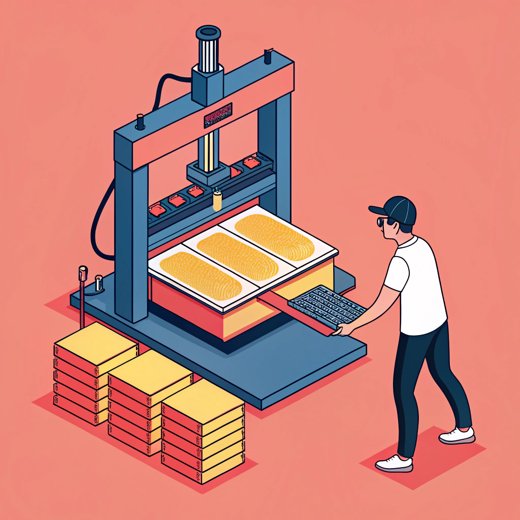 Minimalist depiction of a heated press compressing paddle layers