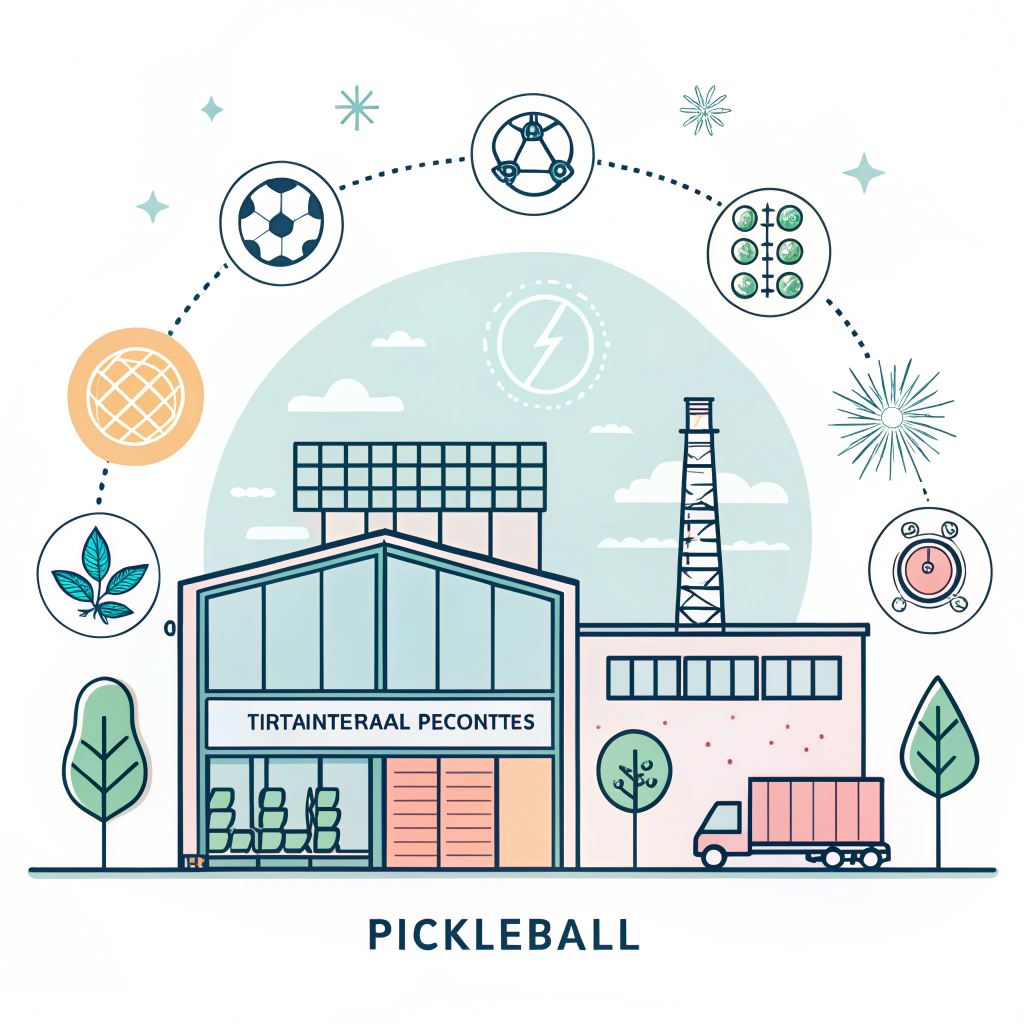 Minimal 2D illustration of a pickleball factory with ESG sustainability symbols.