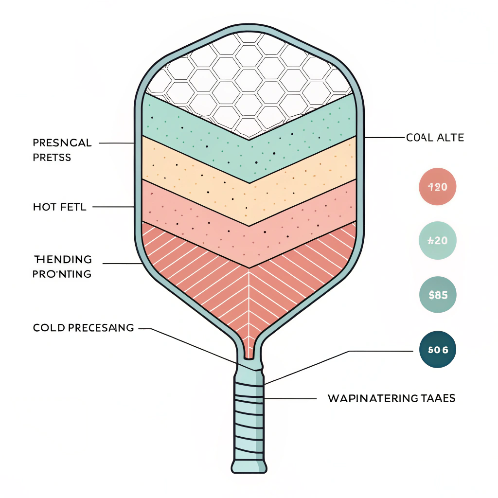 "A clean, minimal 2D illustration showing a layered pickleball paddle cross-section symbolizing production techniques"