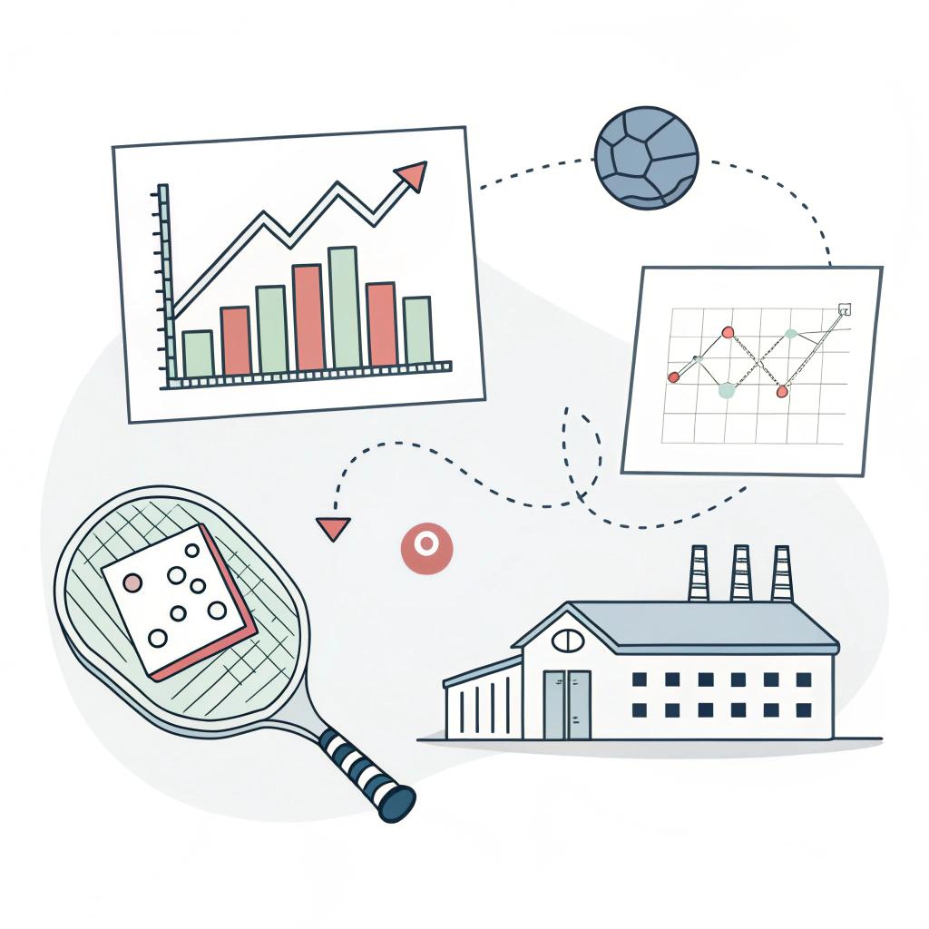 Minimal illustration with abstract graphs and production icons for quality data analysis