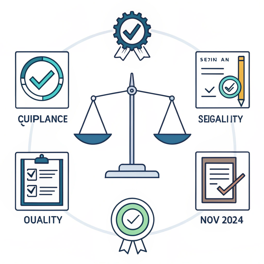 Minimal flat design showing icons of compliance and quality assurance
