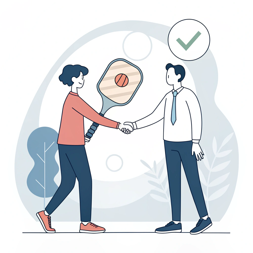 Minimalist illustration of business agreement with handshake and pickleball paddle representing warranty success