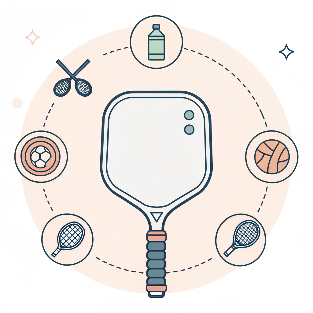 Minimal 2D illustration showing a pickleball paddle with abstract accessory icons in a clean flat design.