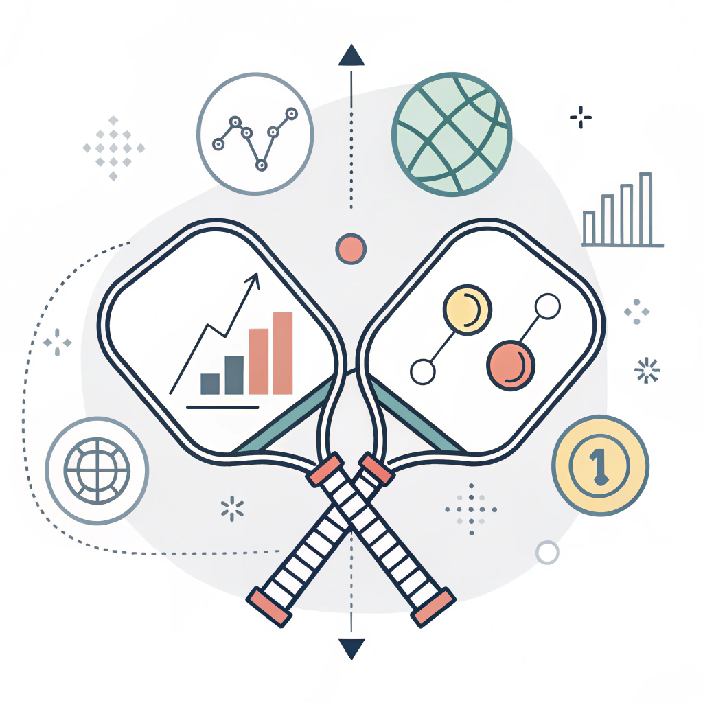 Minimalist flat design abstract illustration representing pickleball procurement strategy and analytics