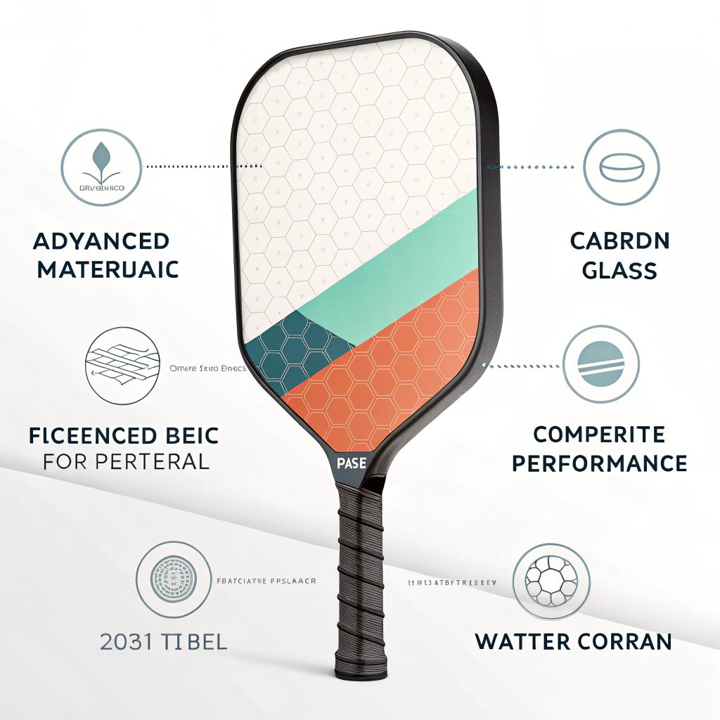 Minimalist illustration of a sleek pickleball paddle with layered material details.