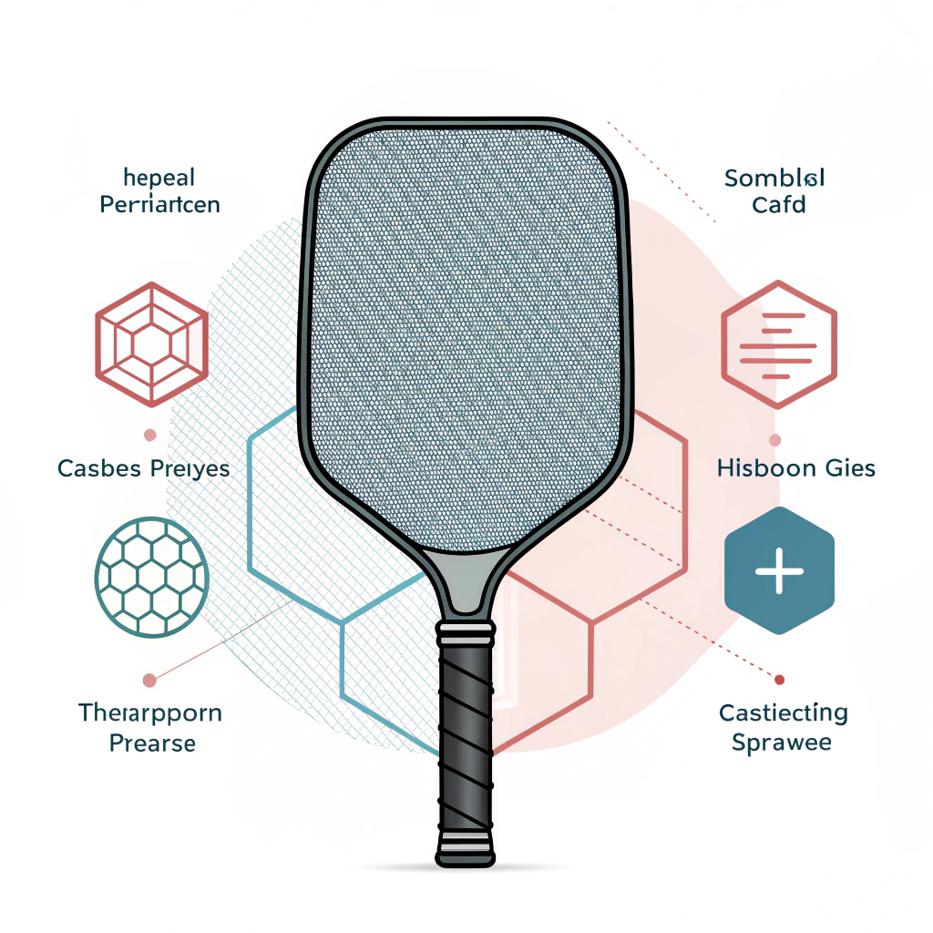 2D flat design of a segmented pickleball paddle with abstract production method icons