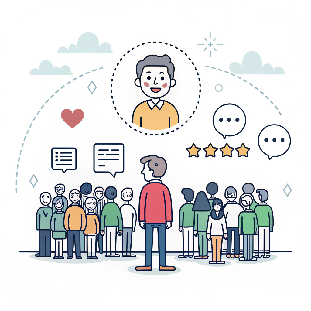 Minimal 2D illustration of diverse character icons representing customer testimonials and trust in a busy market