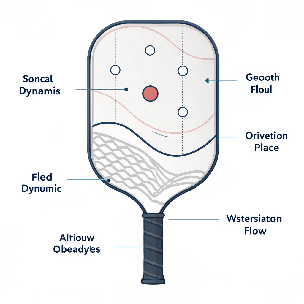 Minimalistic illustration of a pickleball paddle with airflow and vibration analysis elements depicted in a simplified style.