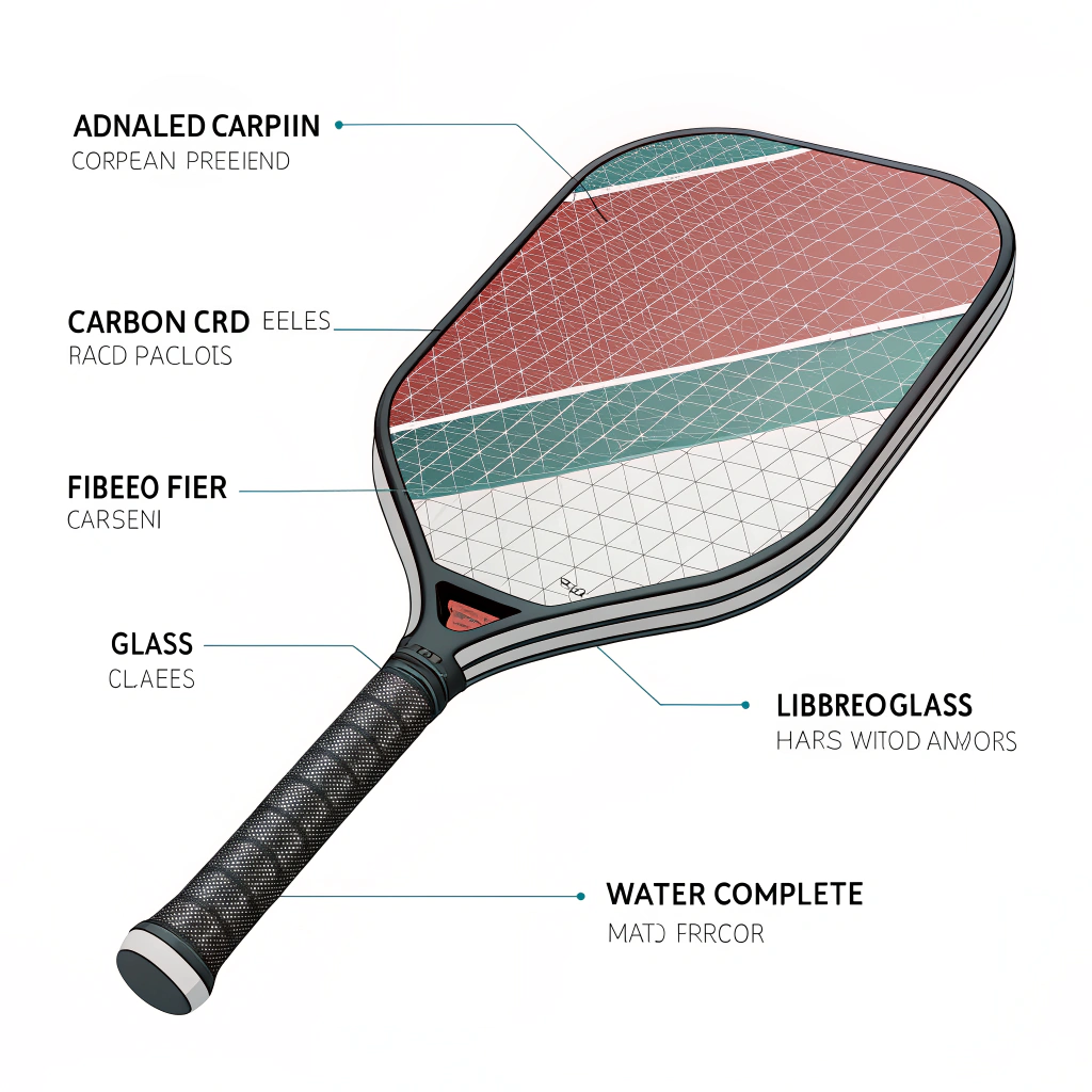 Minimalist illustration of a paddle cross-section displaying layered carbon fiber, fiberglass, and composite materials for high performance.