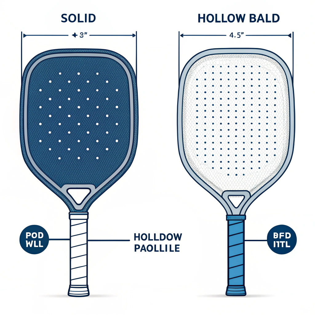 "Flat design illustration comparing solid and hollow pickleball paddle cross-sections."