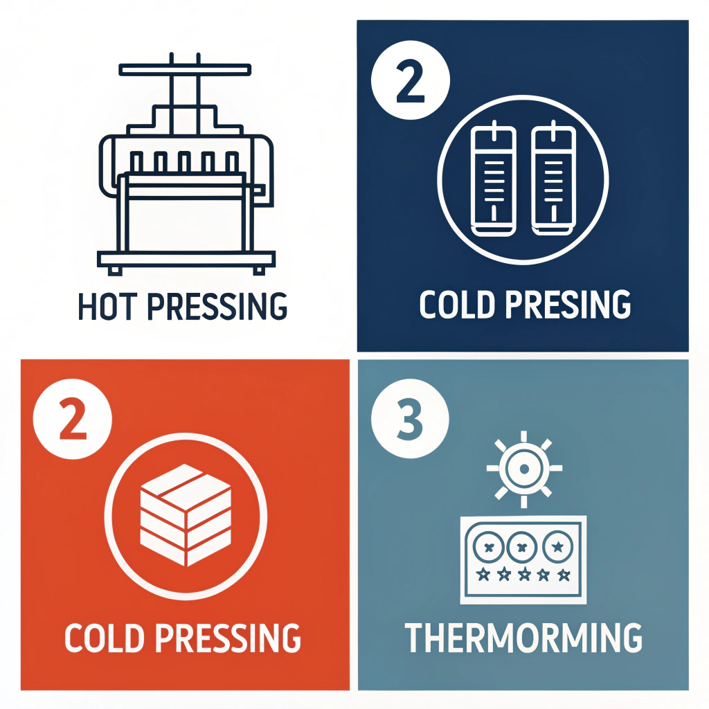 Minimalist infographic comparing hot pressing, cold pressing, and thermoforming for paddle production