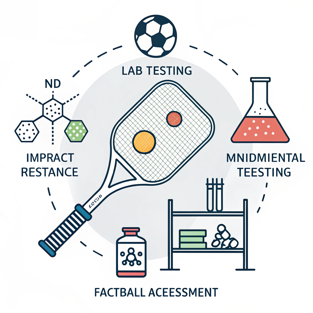 Minimal flat design lab setting illustrating pickleball accessory testing with abstract scientific icons.