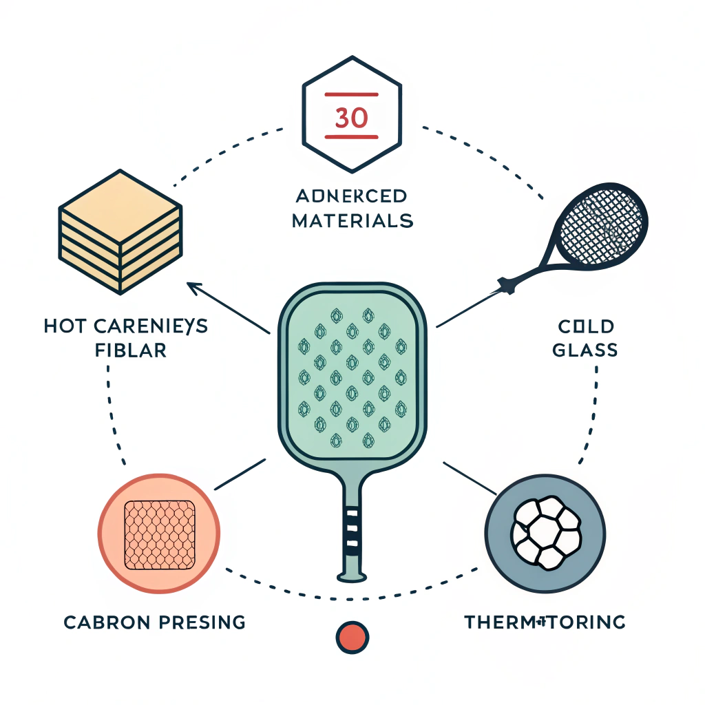 Minimal illustration of manufacturing processes and advanced materials for pickleball paddles.