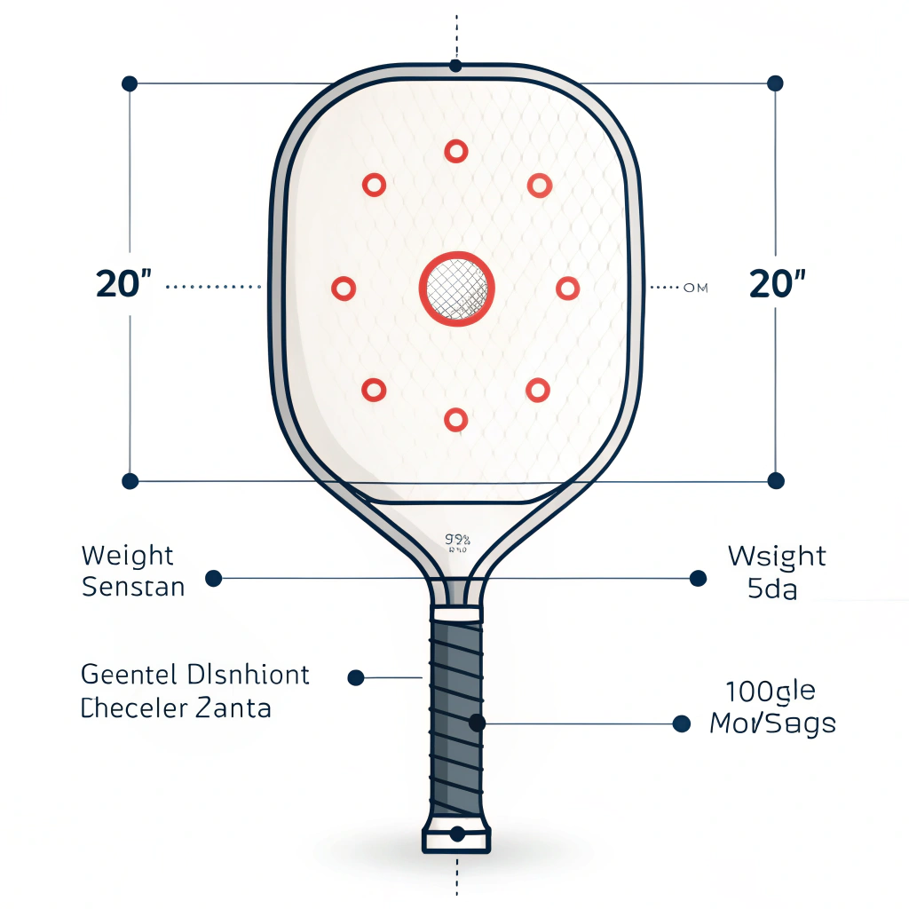 A 2D minimalist illustration of a pickleball paddle with a highlighted glowing balance point and digital design elements.