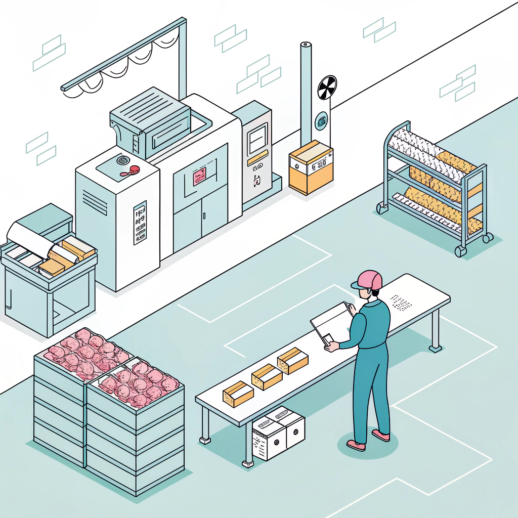 Minimalist illustration of an auditor inspecting production processes in a modern facility.